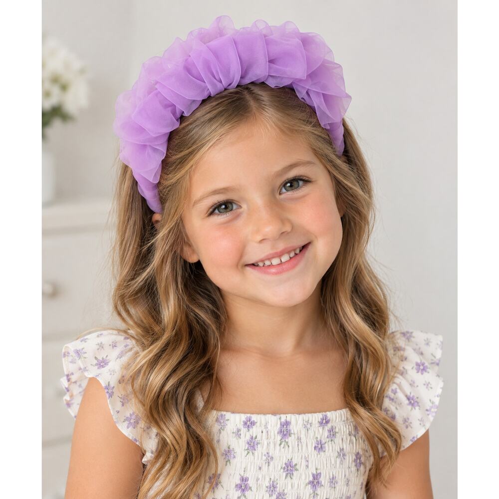 Girls Lavender Purple Ruffled Tulle Headband Hair Accessory Princess Party - Picture 7 of 7